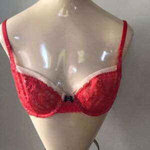 Victoria’s Secret red/ivory lace unlined demi bra